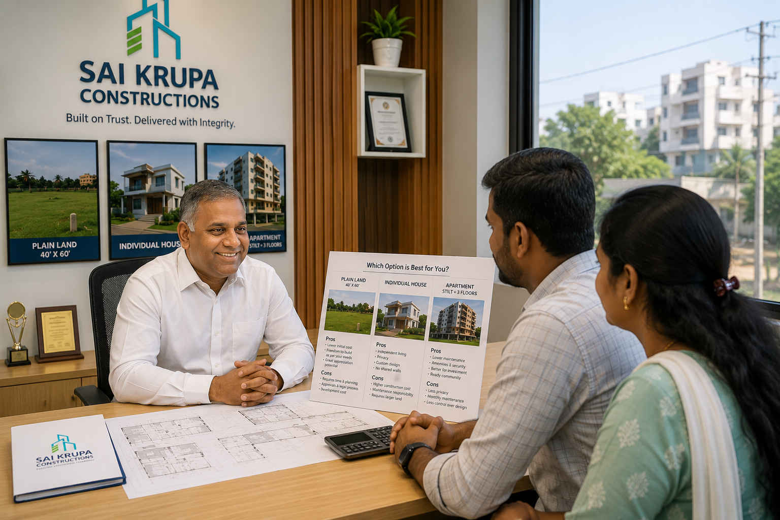 Founder of Sai Krupa Constructions discussing a project with a customer
