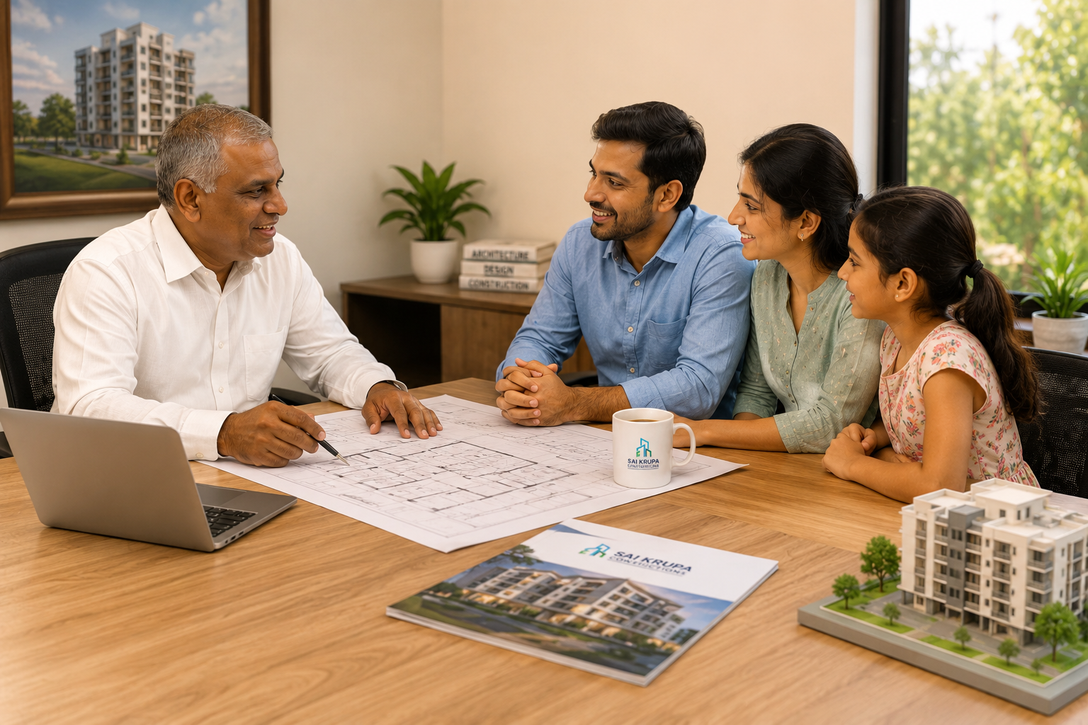 Founder of Sai Krupa Constructions discussing a project with a customer